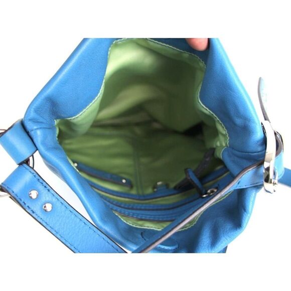 B.Makowsky BLUE GENUINE LEATHER STUDDED ZIP POCKET CROSSBODY SHOULDER BAG PURSE - Picture 12 of 16